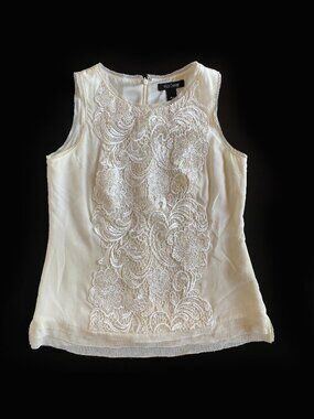 White House Black Market Sleeveless Blouse 100% Silk Embroidery Tank Ivory Sz XS